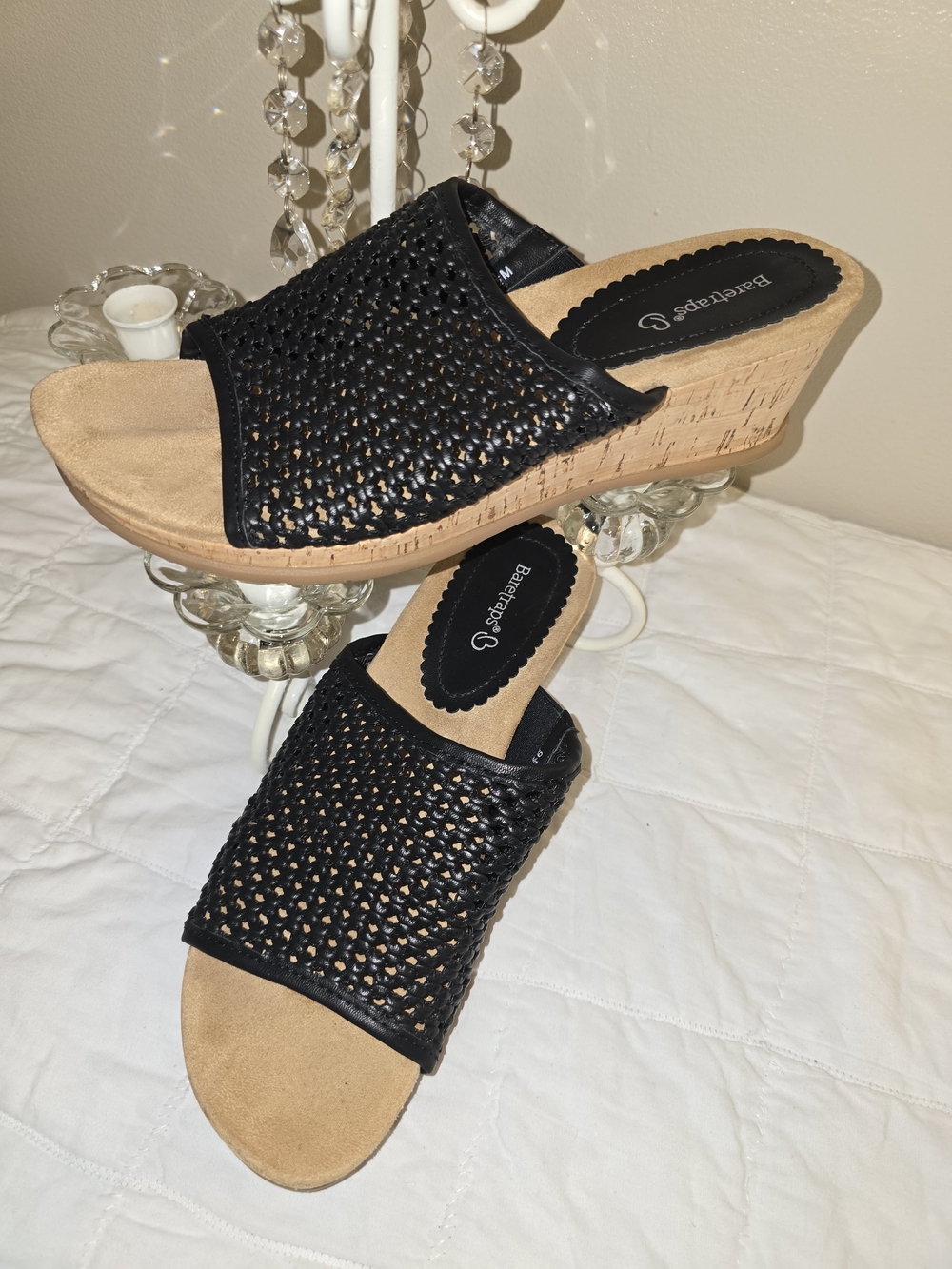 Baretraps Black Woven Cork Wedge Slide Sandals